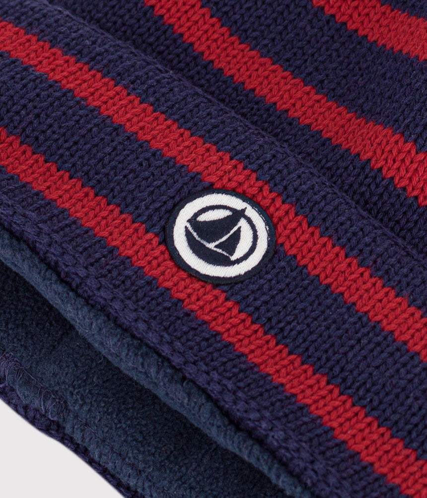 CHILDREN'S STRIPY KNITTED BEANIE HAT LINED IN POLAR FLEECE
