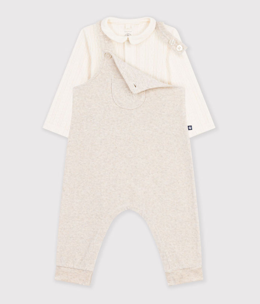BABIES' PLAIN DUNGAREES AND BODY SET IN COTTON WITH A COLLAR