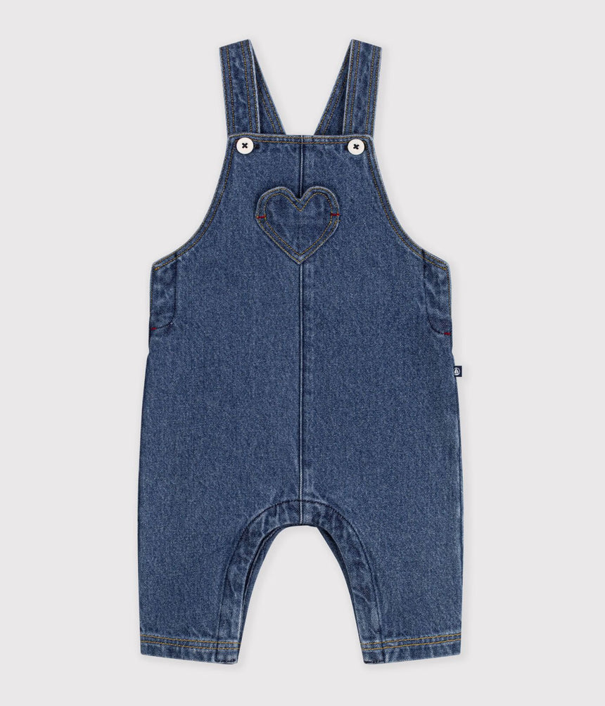 BABIES' LONG-LEG DENIM DUNGAREES WITH A HEART-SHAPED POCKET