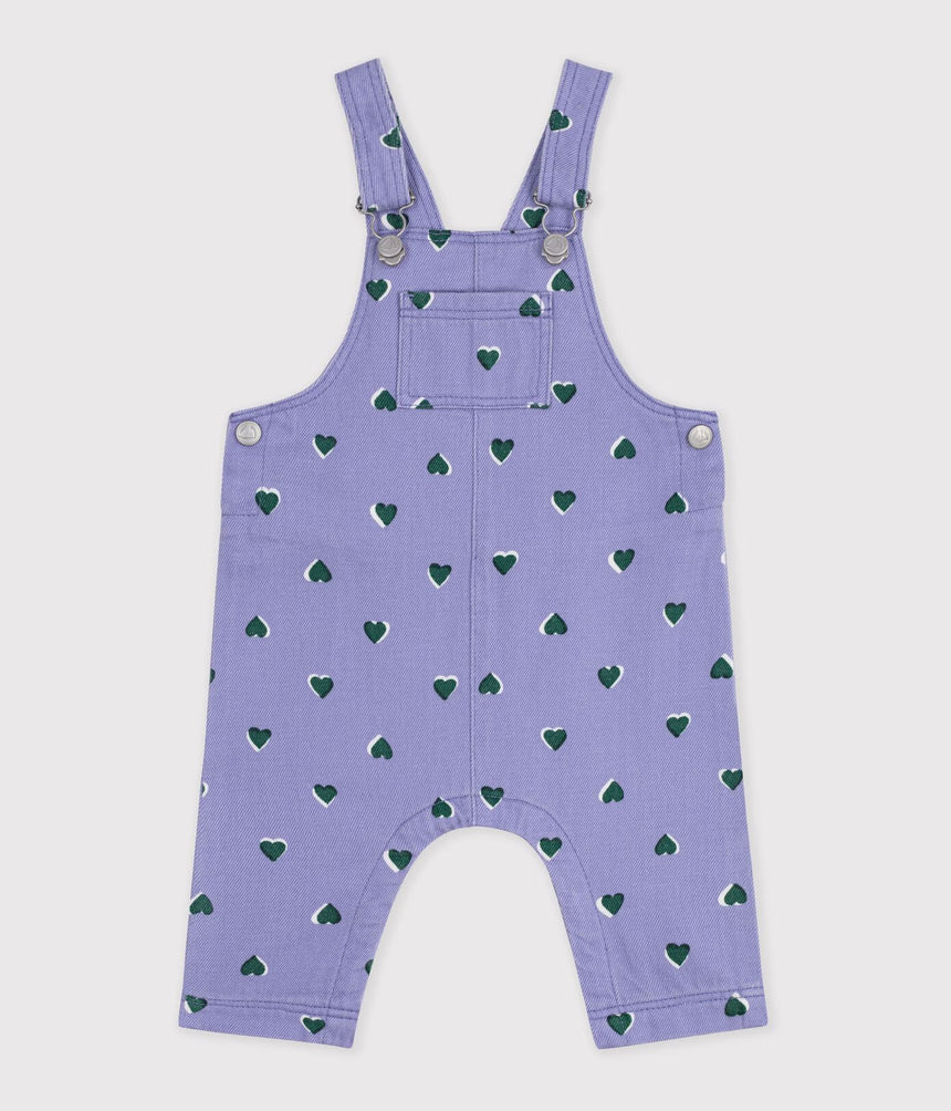 BABIES' DUNGAREES IN SERGE WITH LONG LEGS AND A HEART PRINT