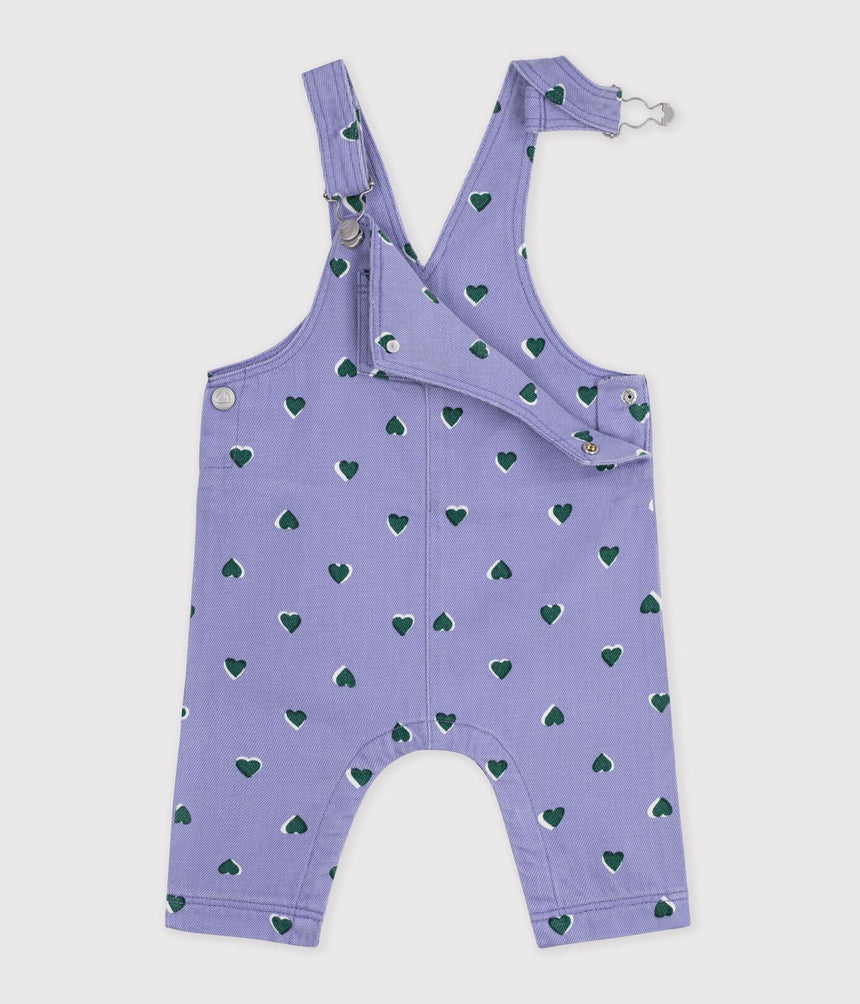 BABIES' DUNGAREES IN SERGE WITH LONG LEGS AND A HEART PRINT