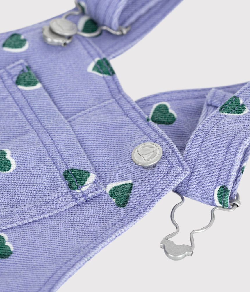 BABIES' DUNGAREES IN SERGE WITH LONG LEGS AND A HEART PRINT