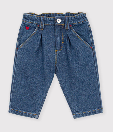 BABIES' TROUSERS IN PLAIN DENIM WITH HEART EMBROIDERY