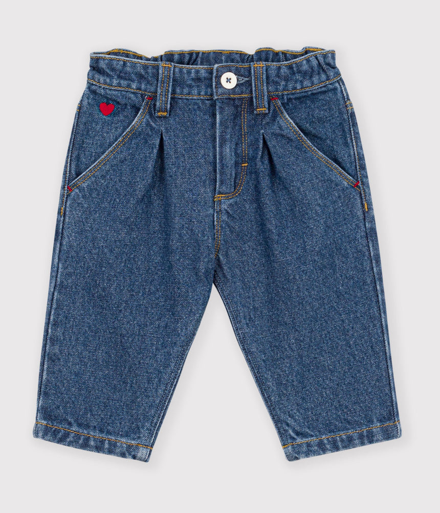 BABIES' TROUSERS IN PLAIN DENIM WITH HEART EMBROIDERY