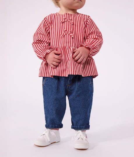 BABIES' TROUSERS IN PLAIN DENIM WITH HEART EMBROIDERY