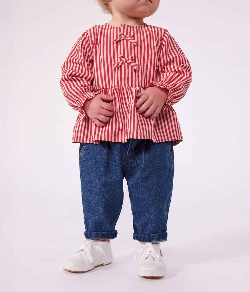 BABIES' TROUSERS IN PLAIN DENIM WITH HEART EMBROIDERY