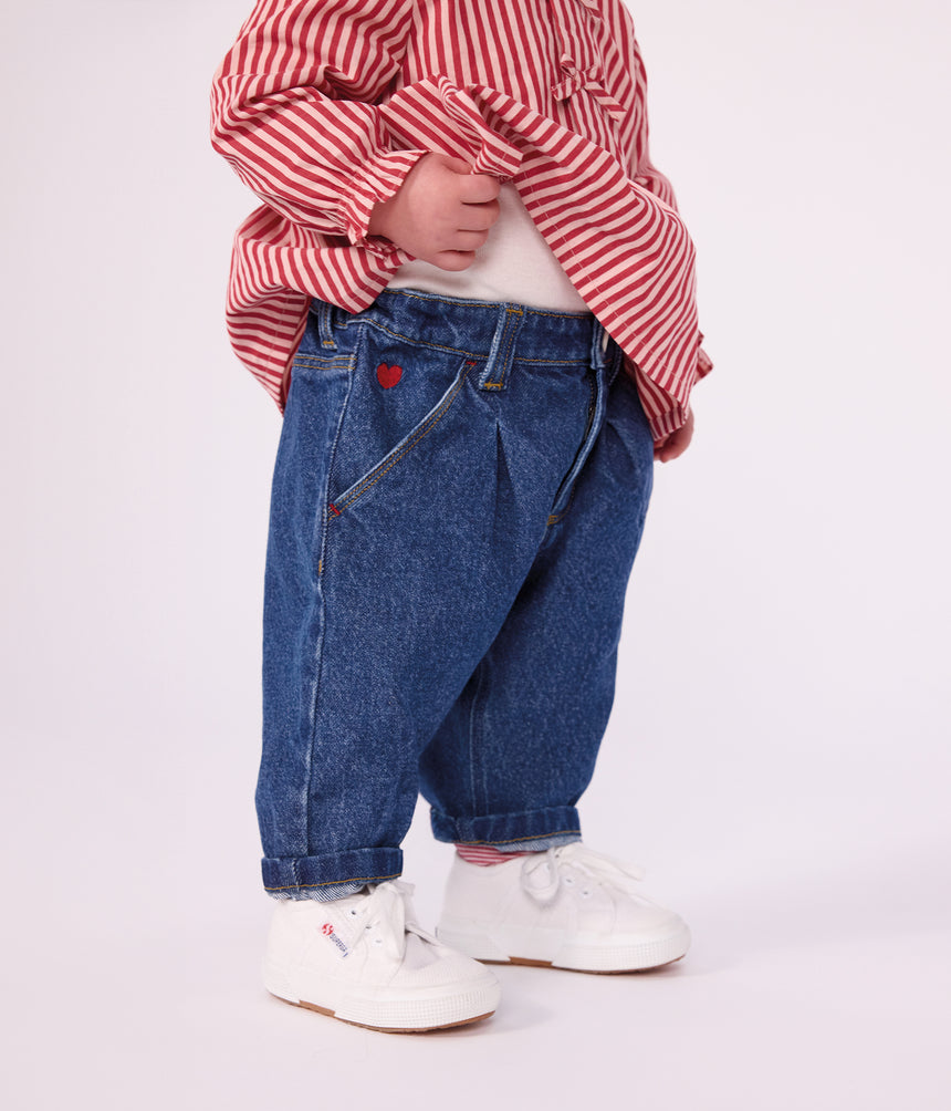 BABIES' TROUSERS IN PLAIN DENIM WITH HEART EMBROIDERY