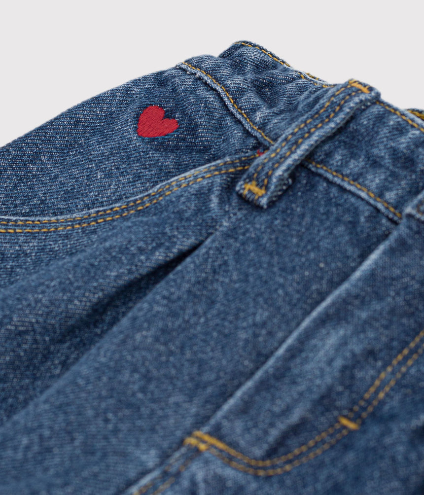 BABIES' TROUSERS IN PLAIN DENIM WITH HEART EMBROIDERY