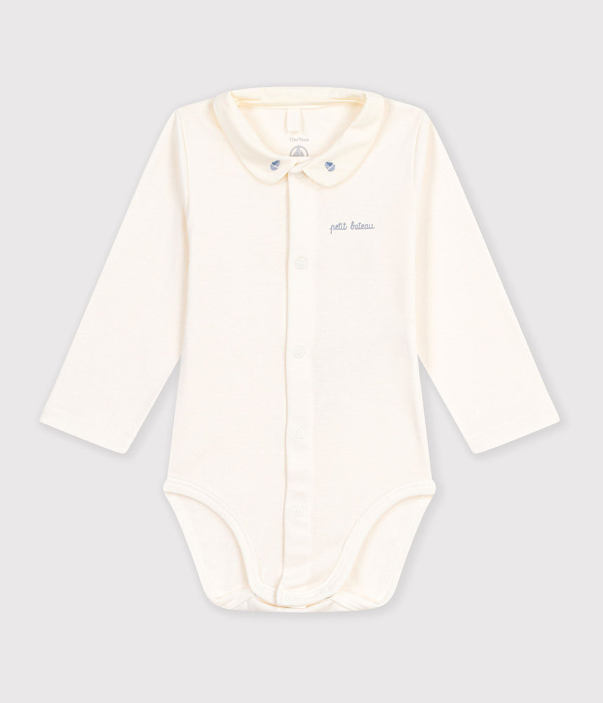 BABIES' LONG-SLEEVED PLAIN COTTON BODY WITH AN EMBROIDERED COLLAR
