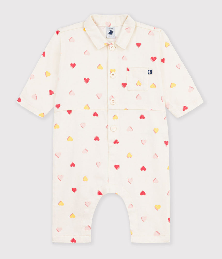 BABIES' LONG JUMPSUIT IN COTTON WITH A HEART PRINT
