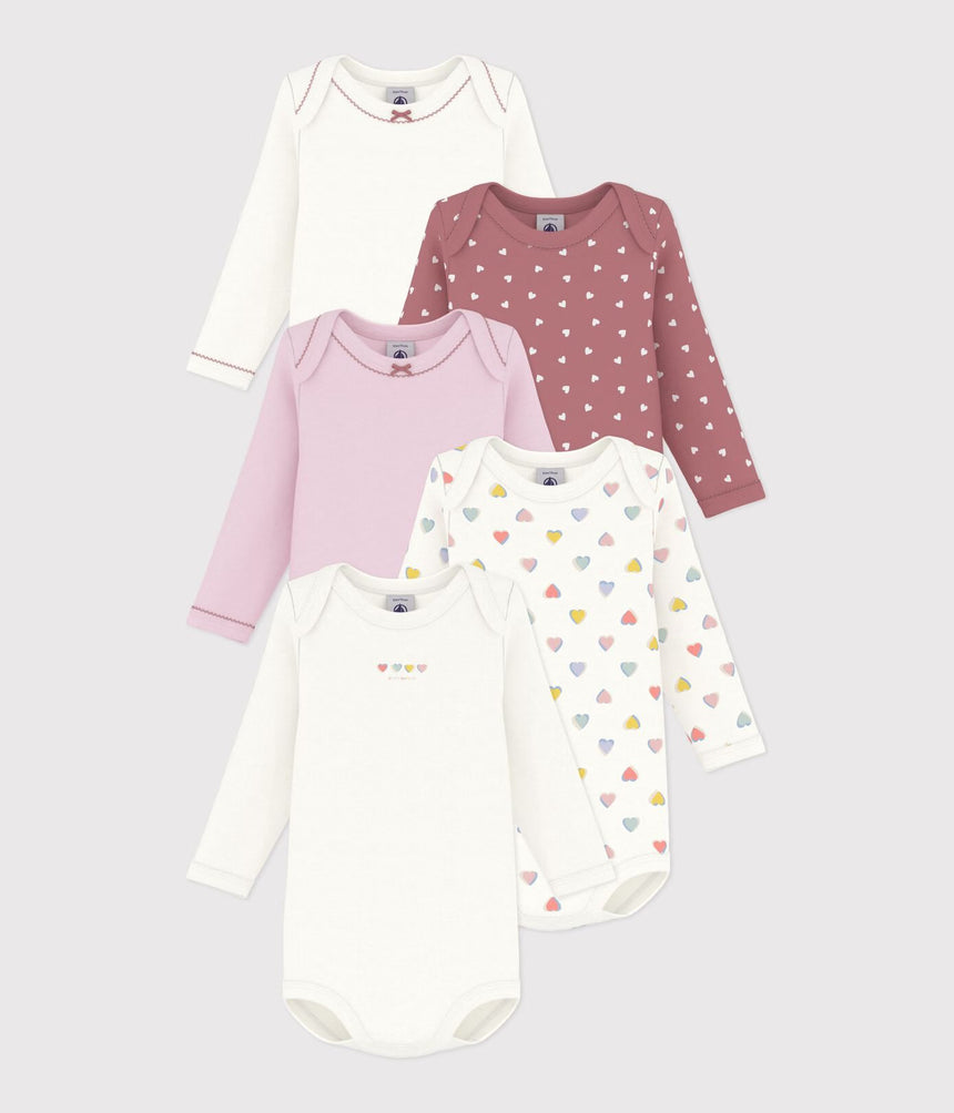 PACK OF LONG-SLEEVED HEART-PRINT COTTON BODIES FOR BABIES