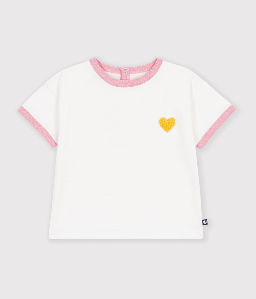 BABIES' SHORT-SLEEVED PLAIN COTTON T-SHIRT WITH A HEART BADGE