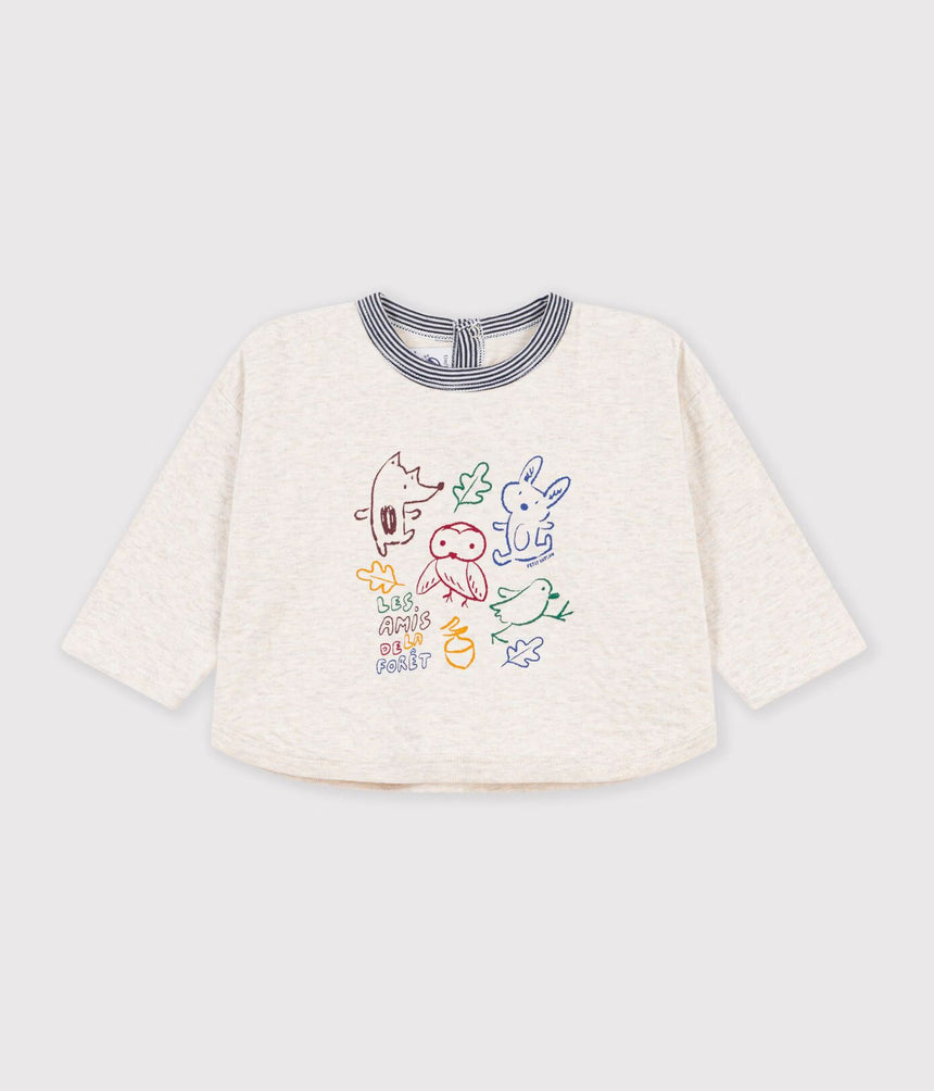 BABIES' LONG-SLEEVED PLAIN COTTON T-SHIRT WITH A MOTIF