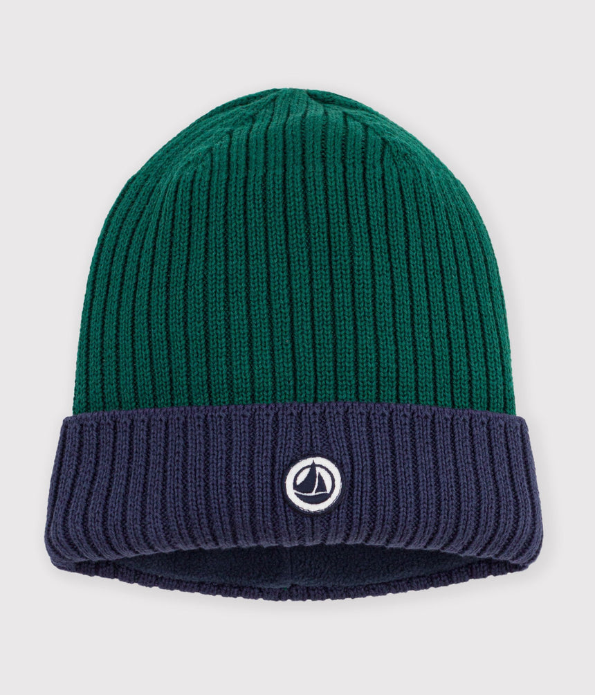 CHILDREN'S TWO-COLOUR KNITTED BEANIE WITH A FLEECE LINING