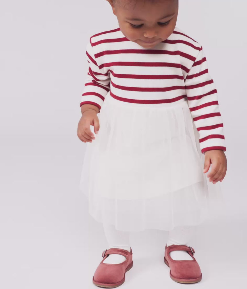 BABIES' LONG-SLEEVED DRESS IN TWO MATERIALS