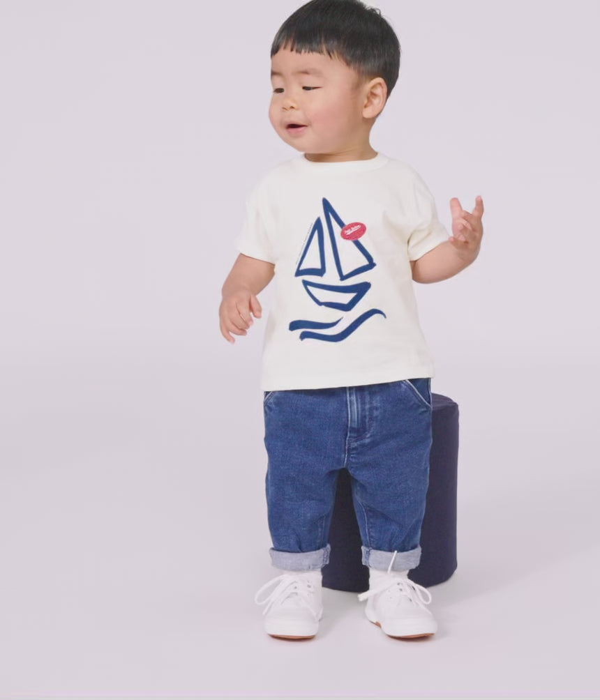 BABIES' PLAIN SHORT-SLEEVED PATTERNED COTTON T-SHIRT